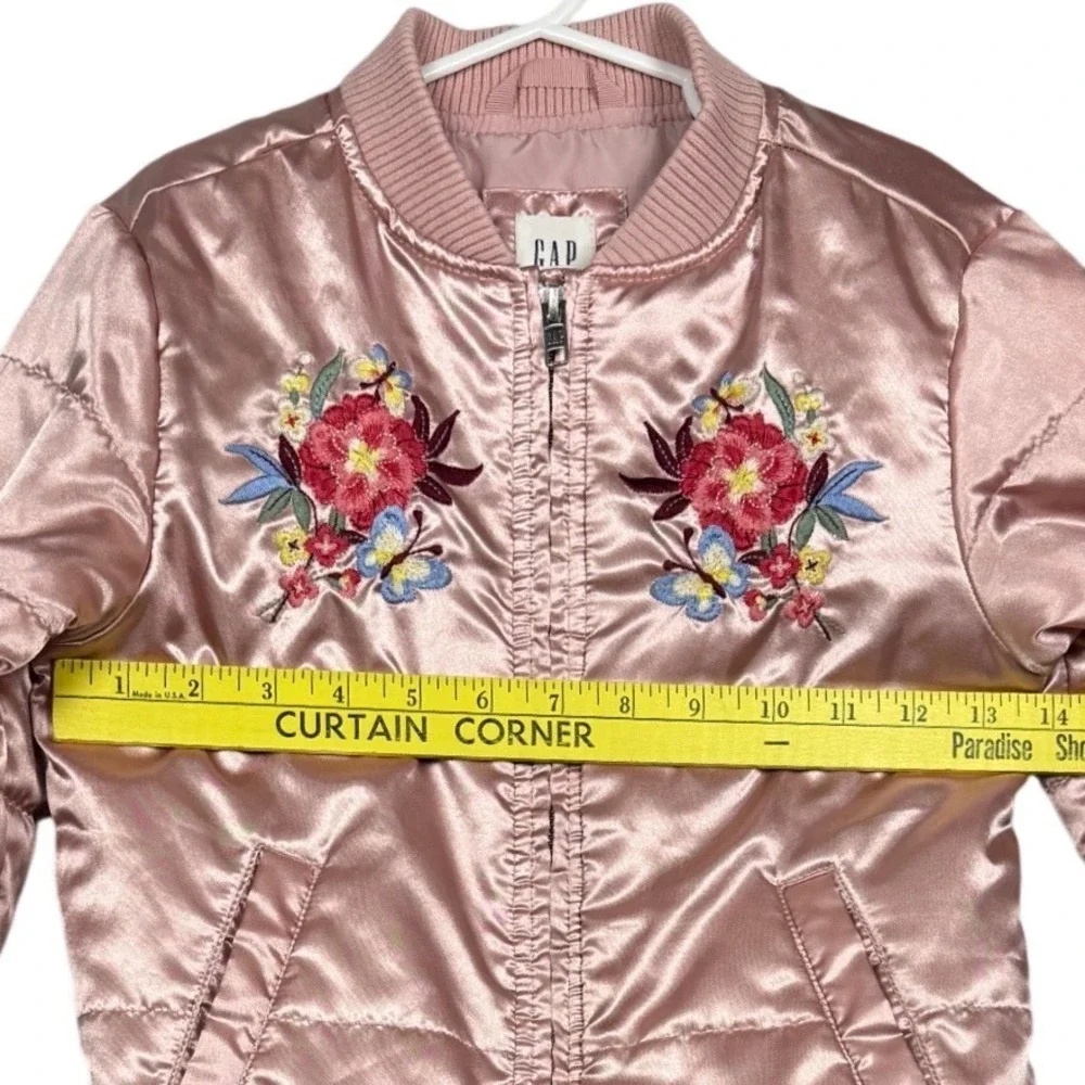 GAP Kids Rose Gold Satin Quilted Bomber Jacket Floral Embroidered Puffer, Small